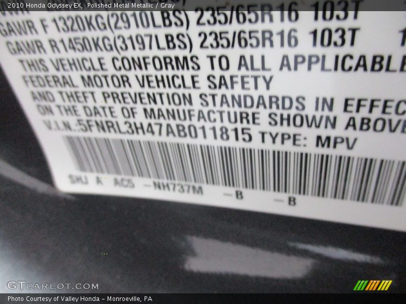 Polished Metal Metallic / Gray 2010 Honda Odyssey EX