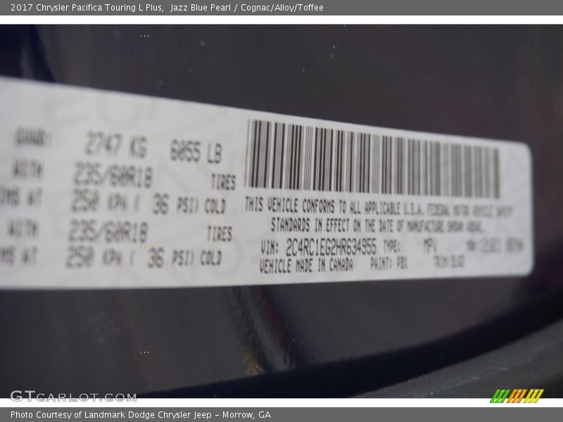 Jazz Blue Pearl / Cognac/Alloy/Toffee 2017 Chrysler Pacifica Touring L Plus