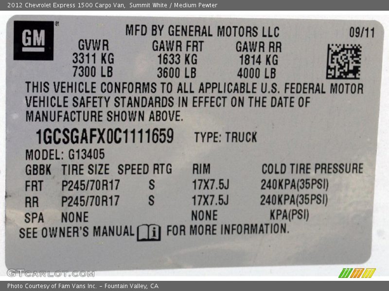 Summit White / Medium Pewter 2012 Chevrolet Express 1500 Cargo Van