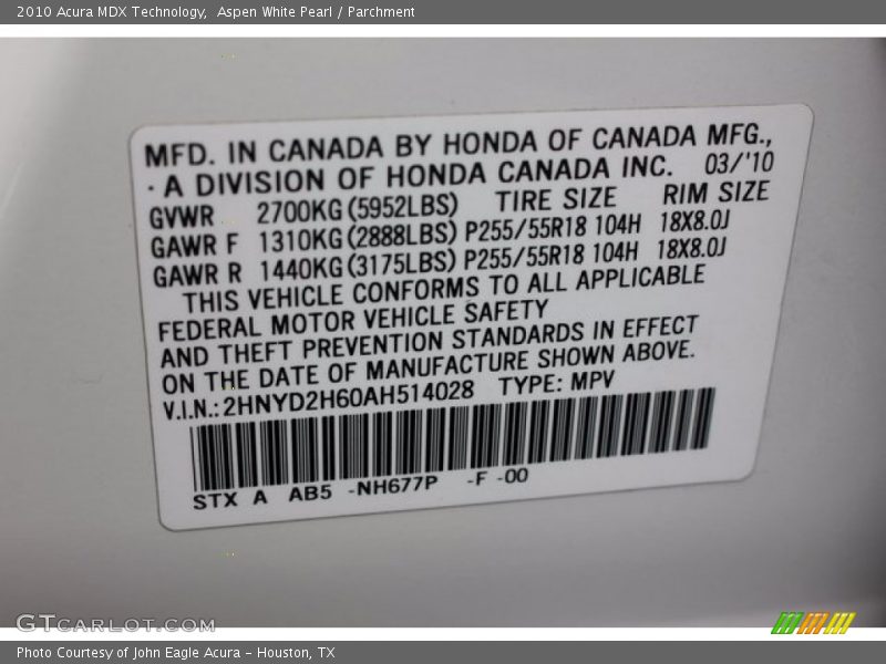 Aspen White Pearl / Parchment 2010 Acura MDX Technology