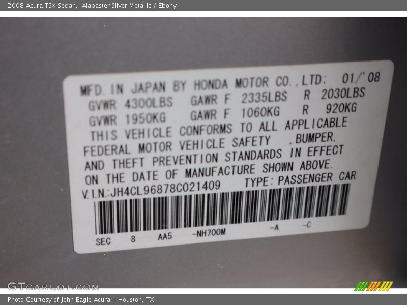Alabaster Silver Metallic / Ebony 2008 Acura TSX Sedan