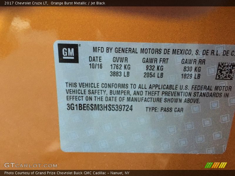 Orange Burst Metallic / Jet Black 2017 Chevrolet Cruze LT