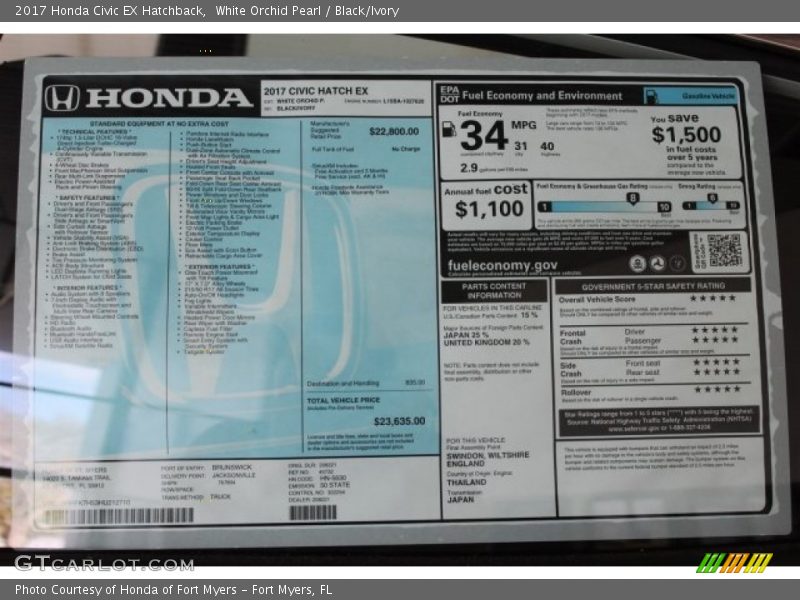 White Orchid Pearl / Black/Ivory 2017 Honda Civic EX Hatchback
