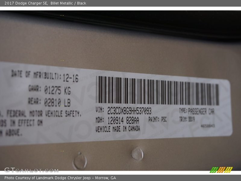 2017 Charger SE Billet Metallic Color Code PSC