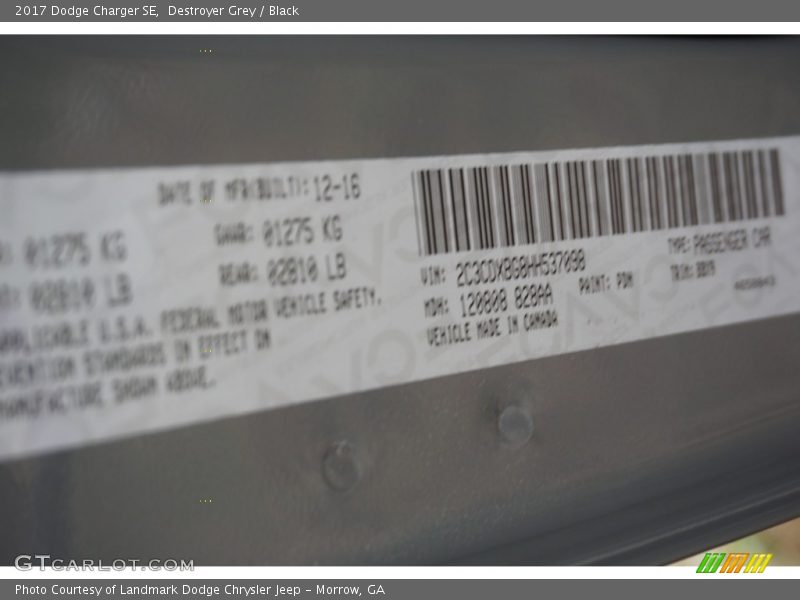 Destroyer Grey / Black 2017 Dodge Charger SE