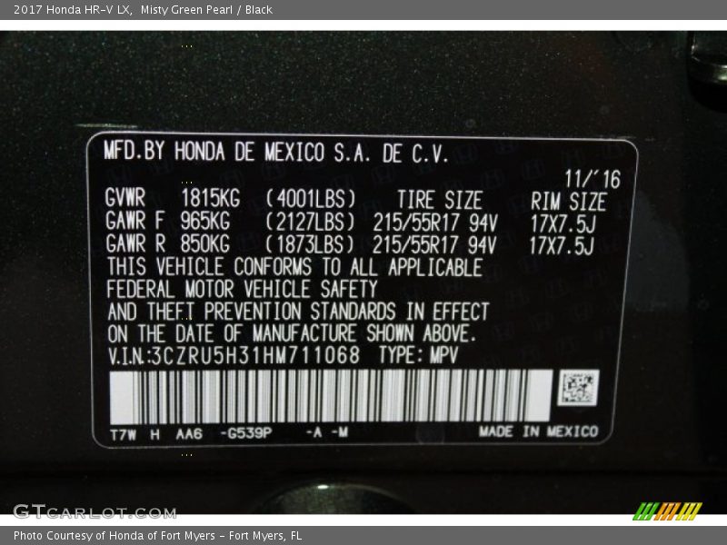 2017 HR-V LX Misty Green Pearl Color Code G539P