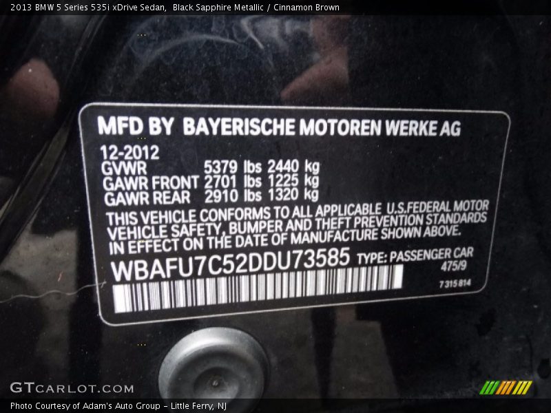 Black Sapphire Metallic / Cinnamon Brown 2013 BMW 5 Series 535i xDrive Sedan
