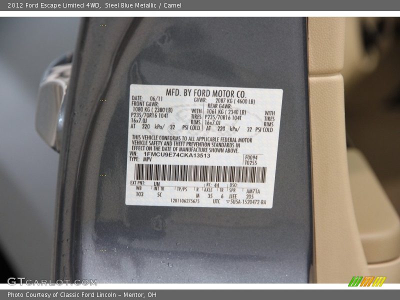Steel Blue Metallic / Camel 2012 Ford Escape Limited 4WD