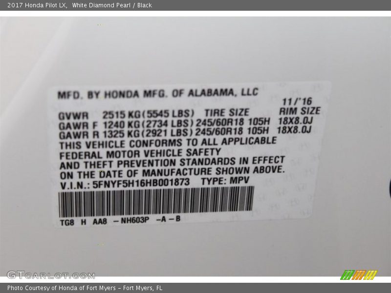 White Diamond Pearl / Black 2017 Honda Pilot LX
