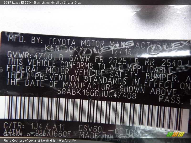 Silver Lining Metallic / Stratus Gray 2017 Lexus ES 350