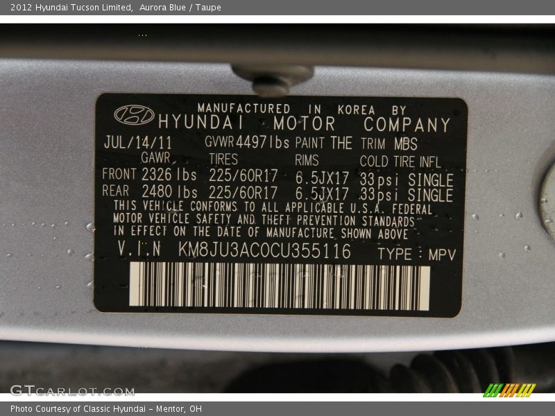 Aurora Blue / Taupe 2012 Hyundai Tucson Limited