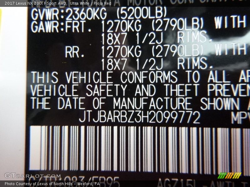 2017 NX 200t F Sport AWD Ultra White Color Code 083