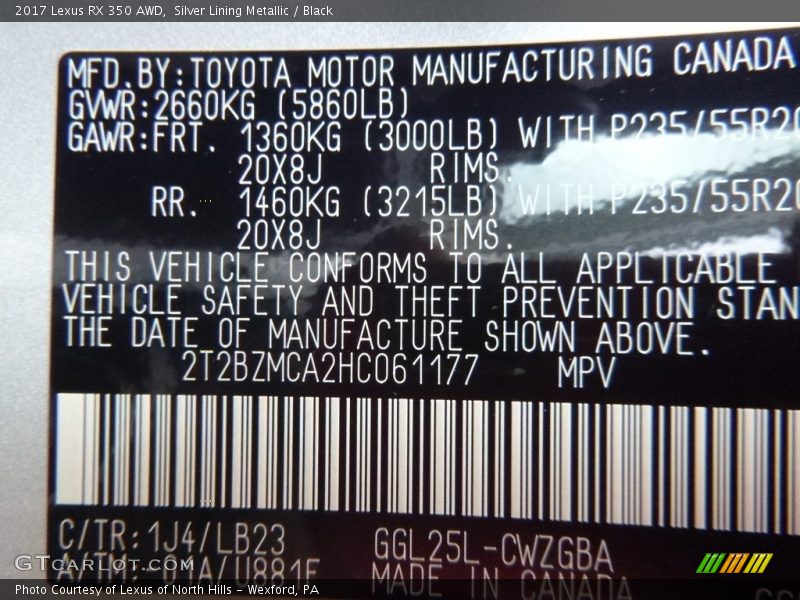 2017 RX 350 AWD Silver Lining Metallic Color Code 1J4