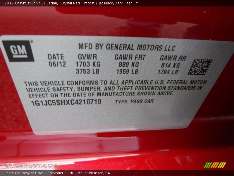 Crystal Red Tintcoat / Jet Black/Dark Titanium 2012 Chevrolet Sonic LT Sedan