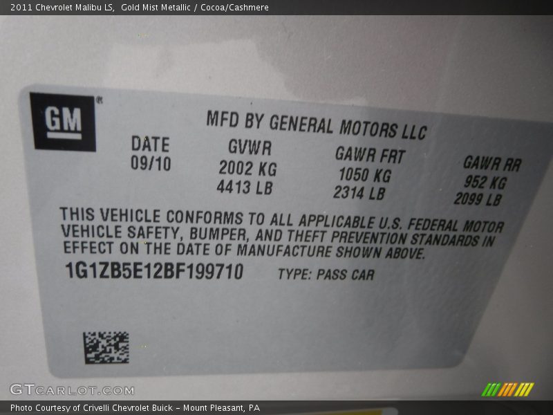 Gold Mist Metallic / Cocoa/Cashmere 2011 Chevrolet Malibu LS