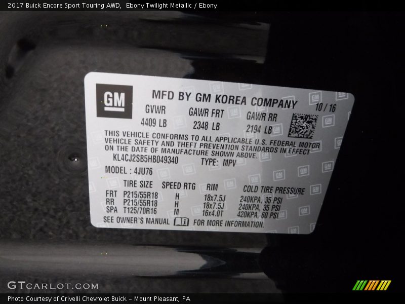 Ebony Twilight Metallic / Ebony 2017 Buick Encore Sport Touring AWD
