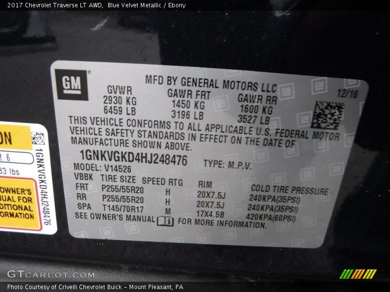 Blue Velvet Metallic / Ebony 2017 Chevrolet Traverse LT AWD