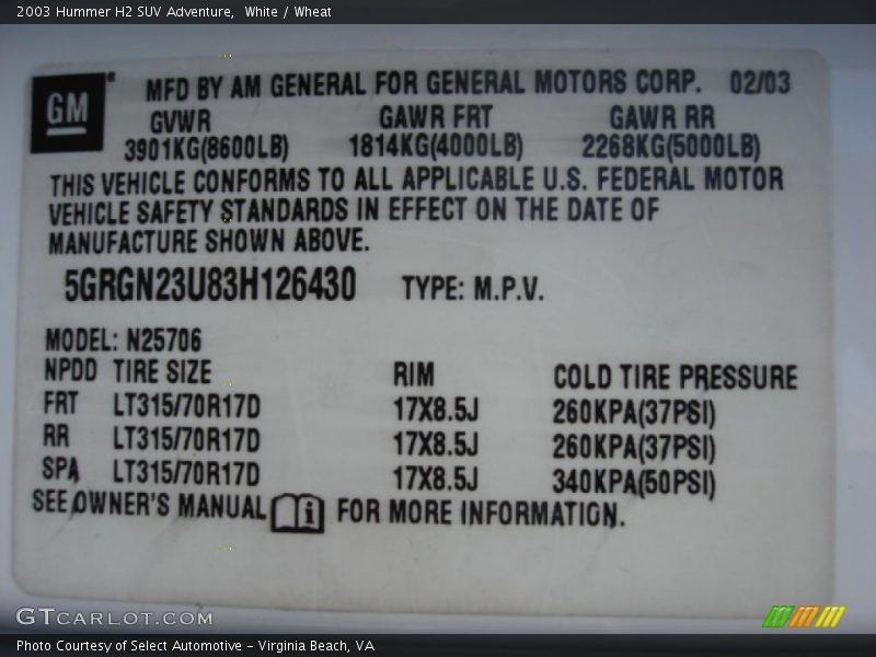 White / Wheat 2003 Hummer H2 SUV Adventure