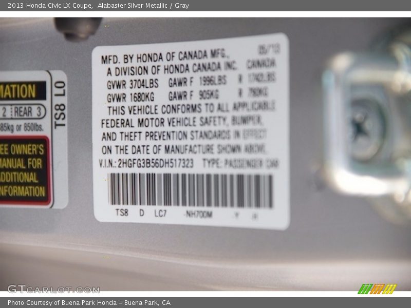 Alabaster Silver Metallic / Gray 2013 Honda Civic LX Coupe