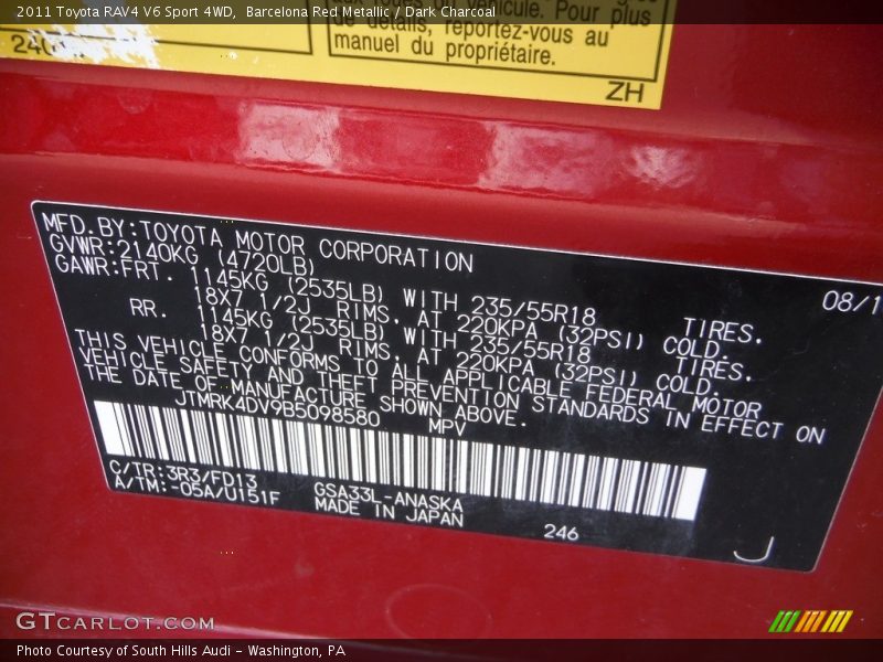 Barcelona Red Metallic / Dark Charcoal 2011 Toyota RAV4 V6 Sport 4WD