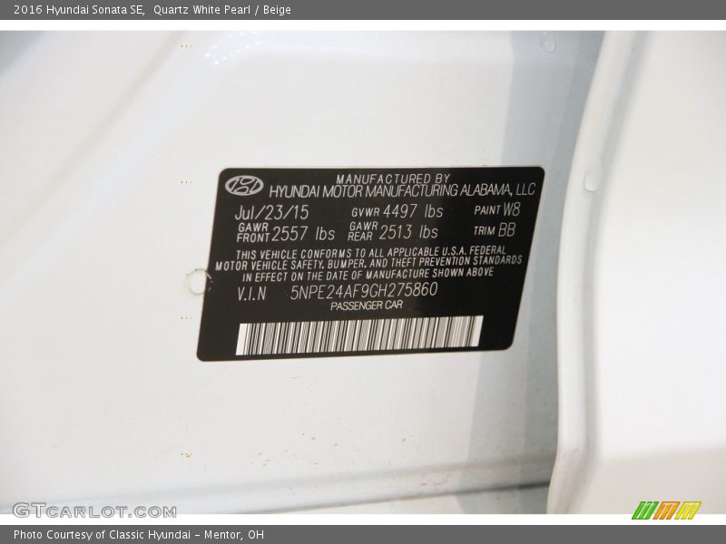 Quartz White Pearl / Beige 2016 Hyundai Sonata SE