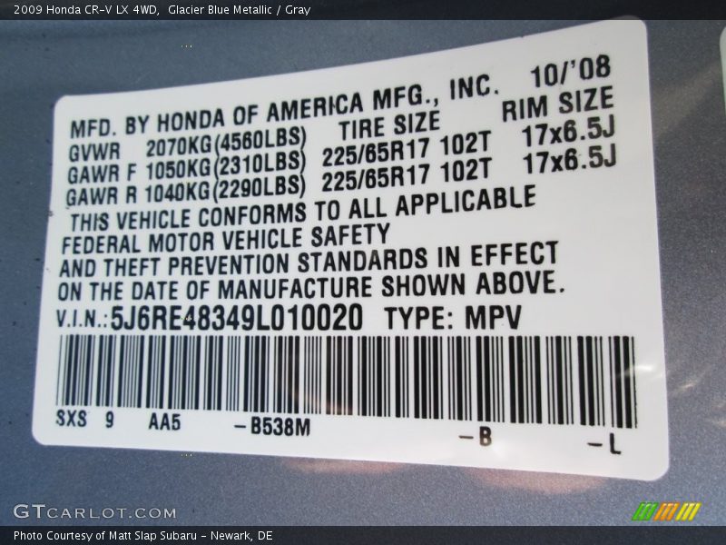 Glacier Blue Metallic / Gray 2009 Honda CR-V LX 4WD
