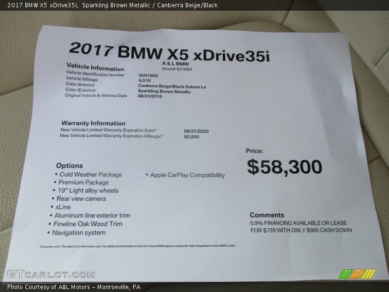 Sparkling Brown Metallic / Canberra Beige/Black 2017 BMW X5 xDrive35i