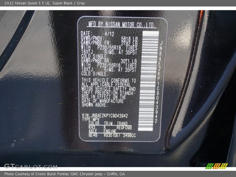Super Black / Gray 2012 Nissan Quest 3.5 LE