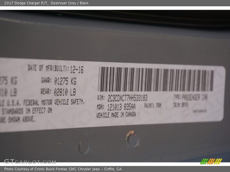 Destroyer Grey / Black 2017 Dodge Charger R/T