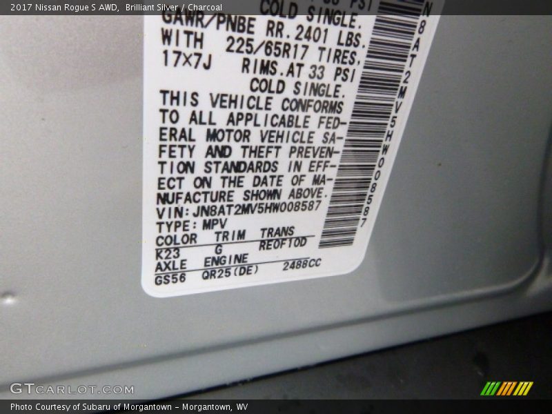 2017 Rogue S AWD Brilliant Silver Color Code K23