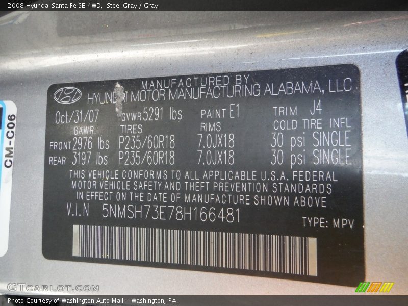 Steel Gray / Gray 2008 Hyundai Santa Fe SE 4WD