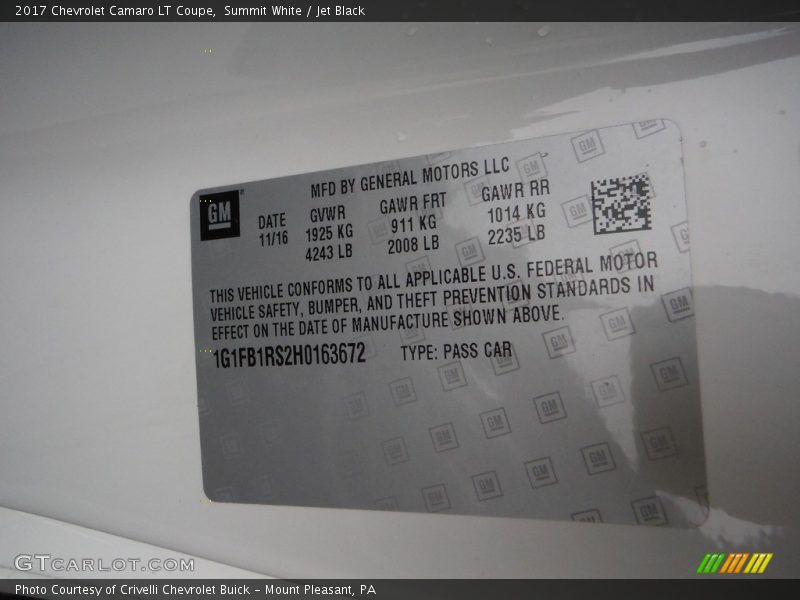 Summit White / Jet Black 2017 Chevrolet Camaro LT Coupe