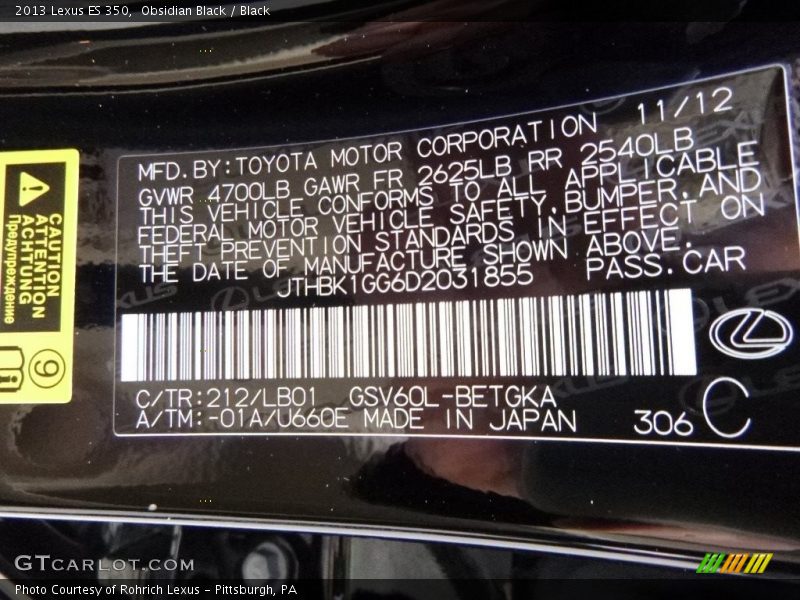 Obsidian Black / Black 2013 Lexus ES 350