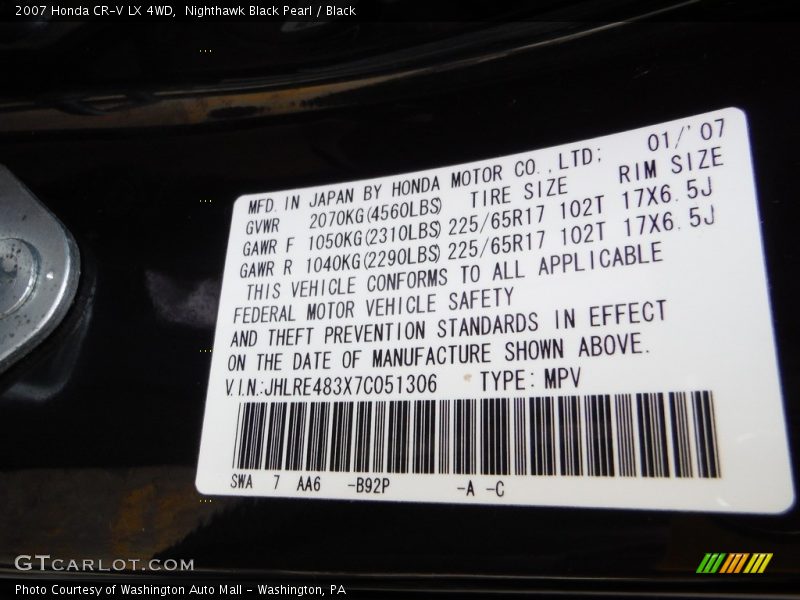 Nighthawk Black Pearl / Black 2007 Honda CR-V LX 4WD