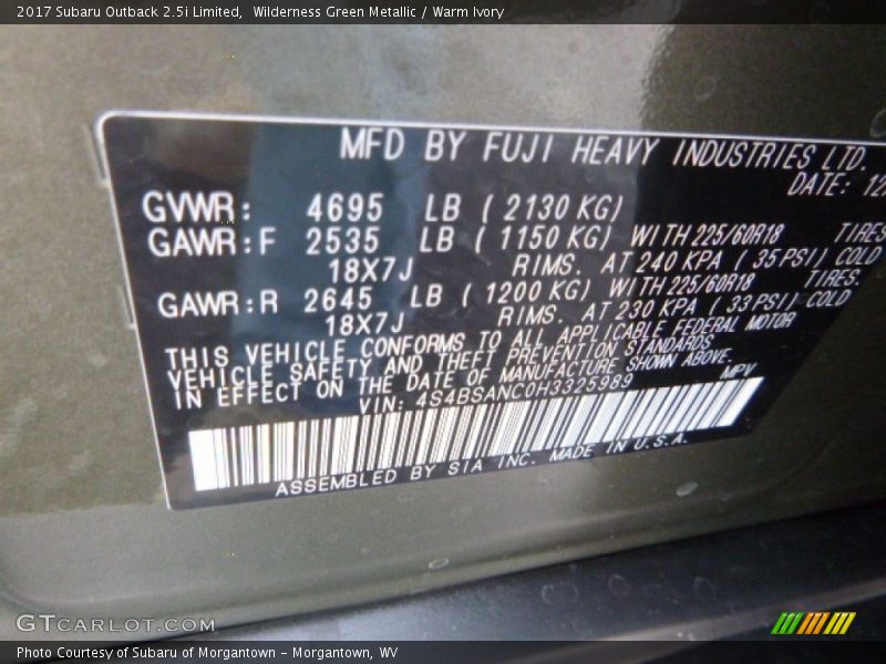 Wilderness Green Metallic / Warm Ivory 2017 Subaru Outback 2.5i Limited