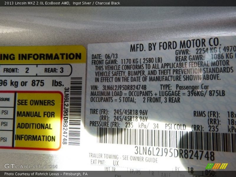 Ingot Silver / Charcoal Black 2013 Lincoln MKZ 2.0L EcoBoost AWD
