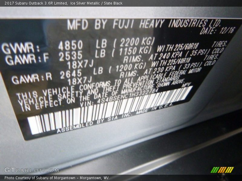 Ice Silver Metallic / Slate Black 2017 Subaru Outback 3.6R Limited