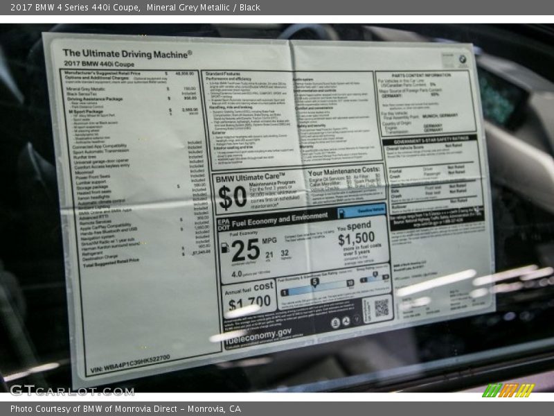  2017 4 Series 440i Coupe Window Sticker
