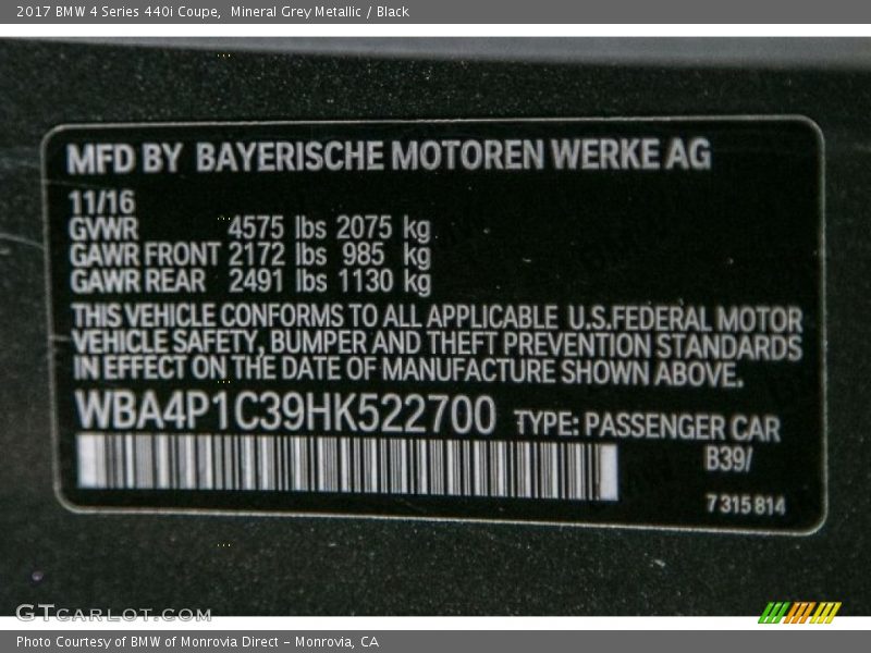 2017 4 Series 440i Coupe Mineral Grey Metallic Color Code B39