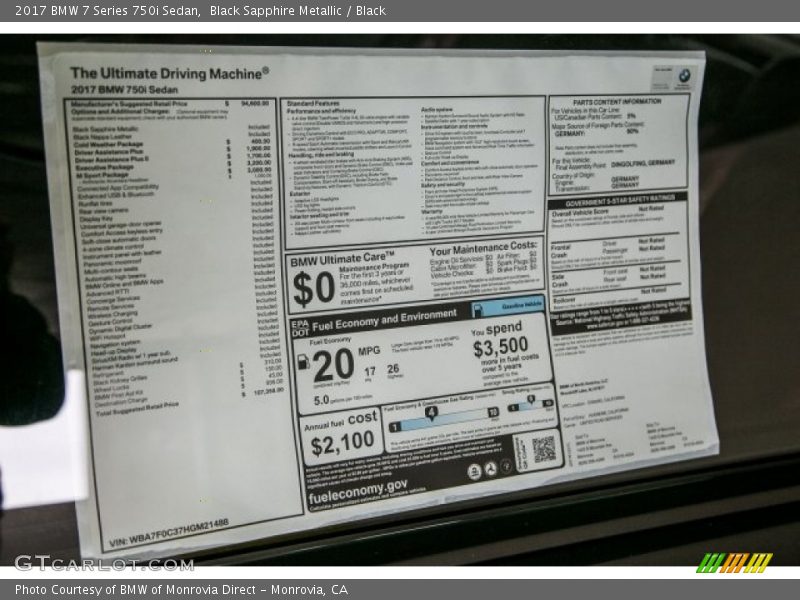  2017 7 Series 750i Sedan Window Sticker