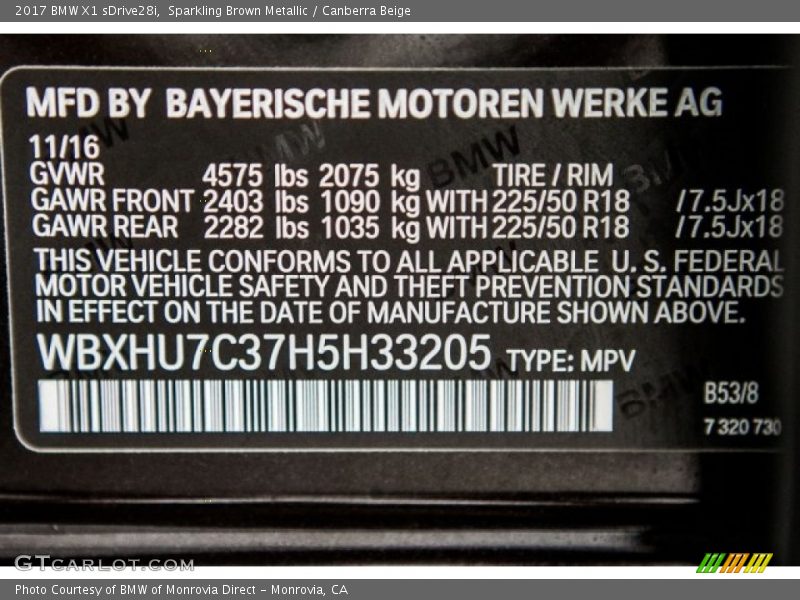 Sparkling Brown Metallic / Canberra Beige 2017 BMW X1 sDrive28i