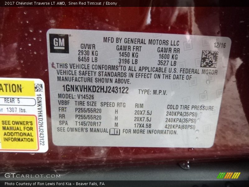 Siren Red Tintcoat / Ebony 2017 Chevrolet Traverse LT AWD