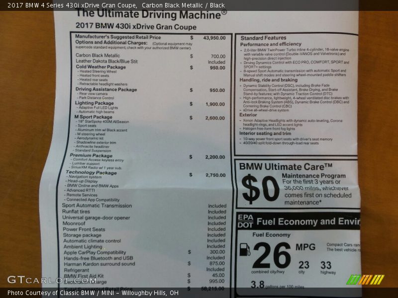  2017 4 Series 430i xDrive Gran Coupe Window Sticker