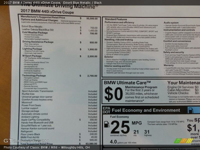  2017 4 Series 440i xDrive Coupe Window Sticker