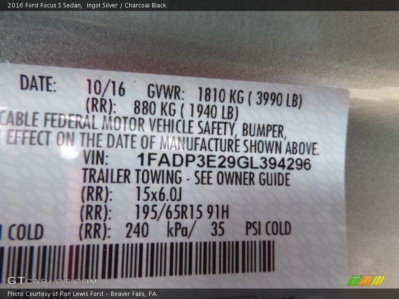 Ingot Silver / Charcoal Black 2016 Ford Focus S Sedan