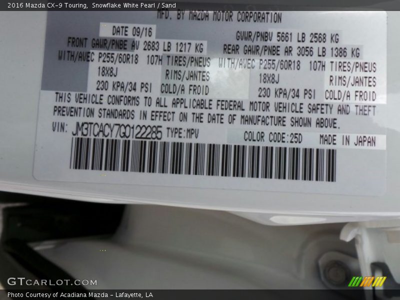 Snowflake White Pearl / Sand 2016 Mazda CX-9 Touring