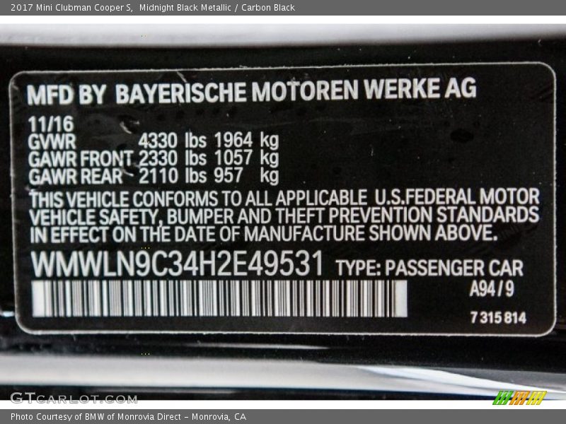 Midnight Black Metallic / Carbon Black 2017 Mini Clubman Cooper S