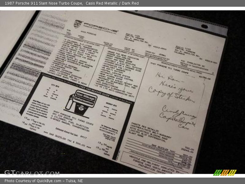  1987 911 Slant Nose Turbo Coupe Window Sticker