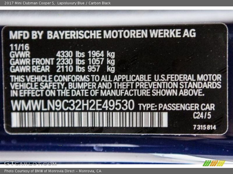 2017 Clubman Cooper S Lapisluxury Blue Color Code C24