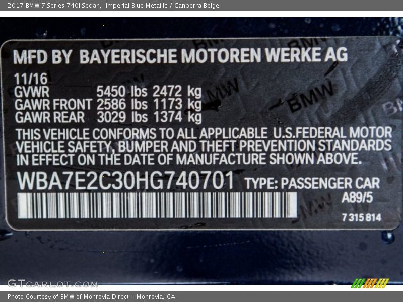 2017 7 Series 740i Sedan Imperial Blue Metallic Color Code A89
